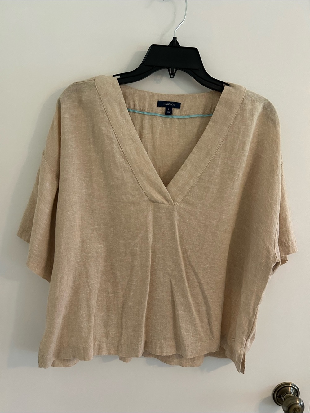 Nautica Tan V-Neck Short Sleeve Linen-Blend Top